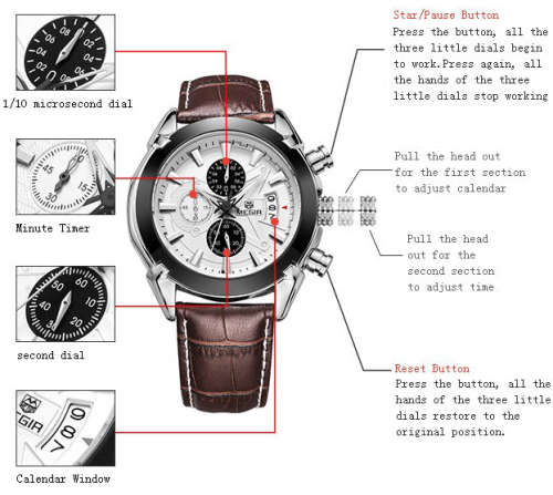 Megir Mens Brown Leather Chronograph Watch