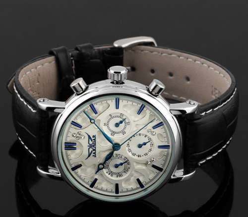JARAGAR MECHANICAL 6 HAND BLACK LEATHER GENTS DRESS WATCH #STUNNING