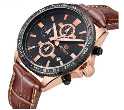Megir Men's Black & Rose Gold Leather Chronograph Watch