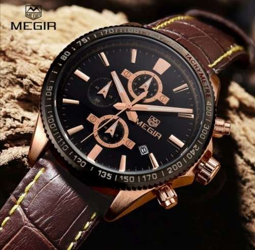Megir Men's Black & Rose Gold Leather Chronograph Watch