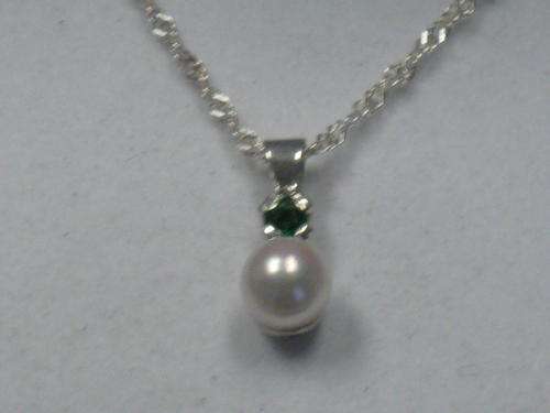 natural emerald and pearl pendant set in silver-CHAIN INCLUDED