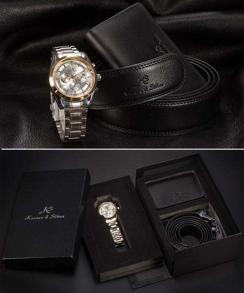 KS Mens Gift 3in1 Automatic Mechanical Watch Leather Belt Name Card Holder