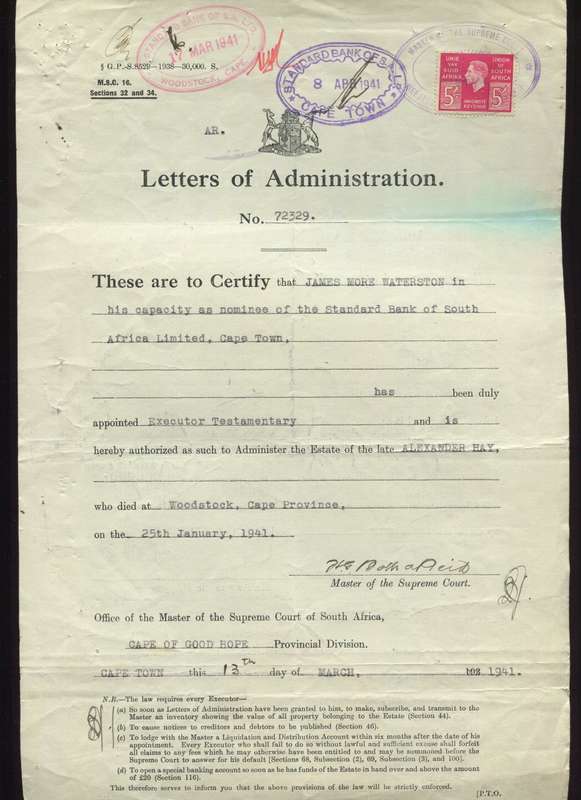 Union of SA - Document - Letters of Administration - 5 /- 1938 Stamp