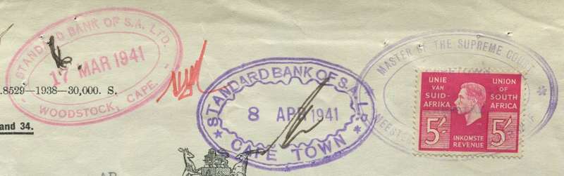 Union of SA - Document - Letters of Administration - 5 /- 1938 Stamp