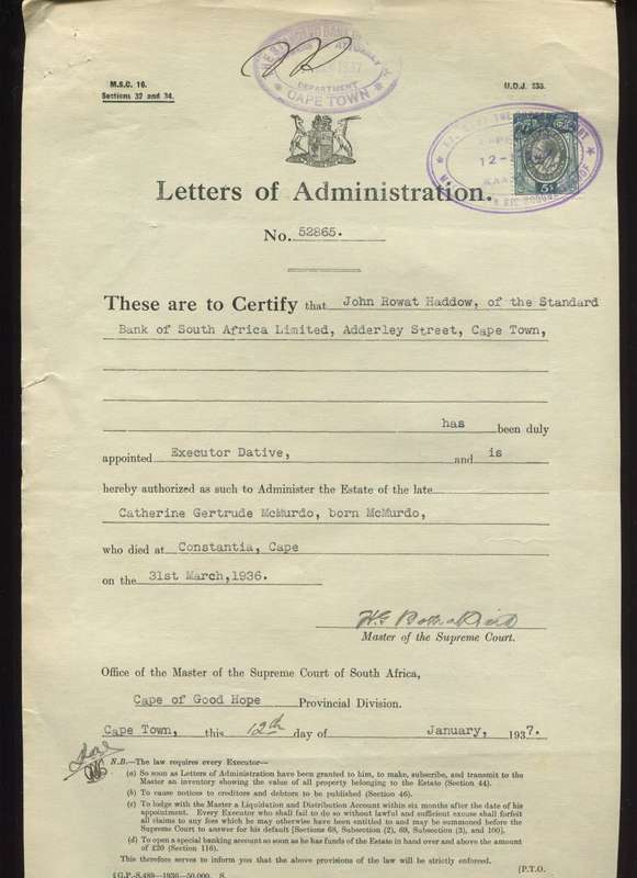 Union of SA - Document - Letters of Administration - 5 /- 1931 Stamp