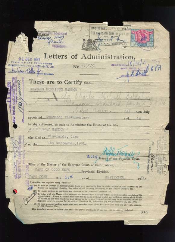 Union of SA - Document - Letters of Administration - 5 /- 1946 Stamp - Langues Error