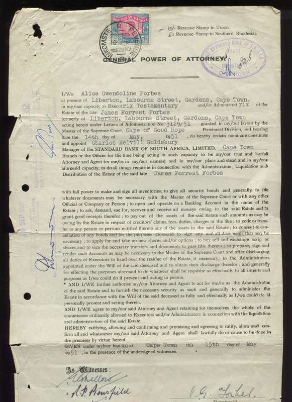 Union of SA - Document - General Power of Attorney - 5 /- 1946 Stamp - Langues Error