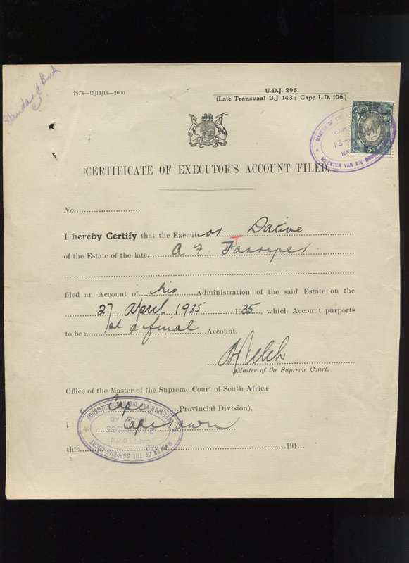 Union of SA - Document - Certificate of Executor s Account Filed - 5 /- 1931 Stamp
