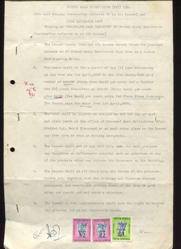RSA - Document - Lees Agreement - 2 x R 2 and 1 x R 1 1961 Stamps