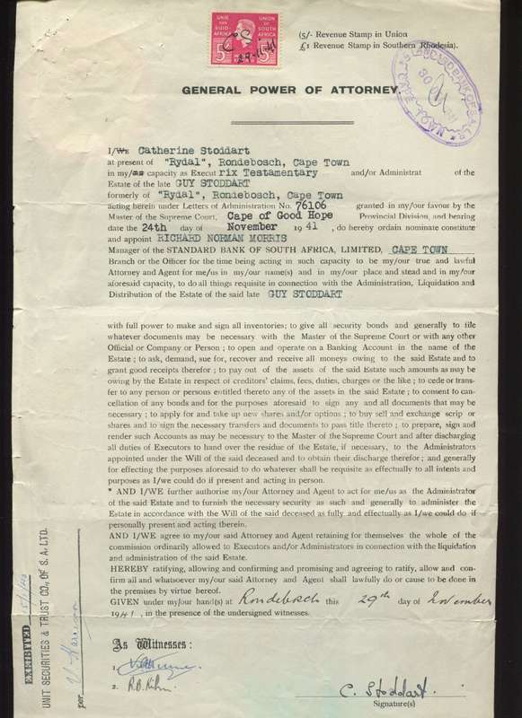 Union of SA - Document - General Power of Attorney 5 /-  1938 Stamp
