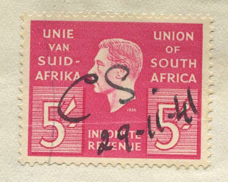 Union of SA - Document - General Power of Attorney 5 /-  1938 Stamp