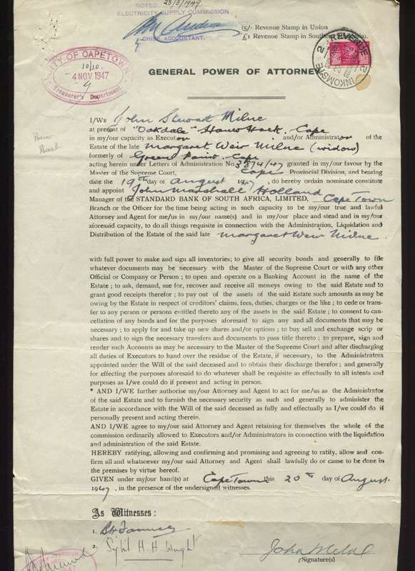 Union of SA - Document - General Power of Attorney - 5 /-  1942 Stamp