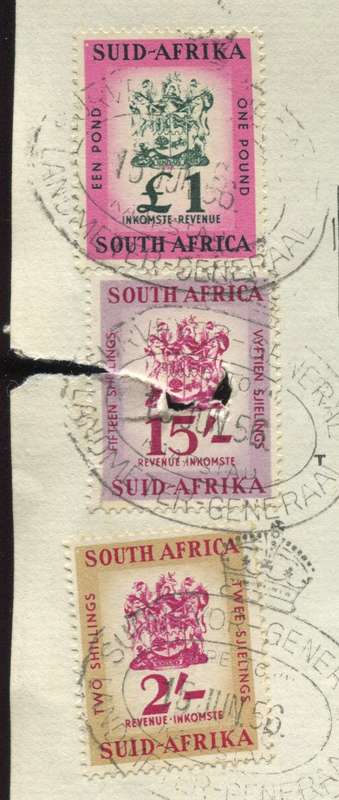 Union of SA - Document - Sub-Division - 1 x 2 /-  , 1 x 15 /-  and 1 x 1 pound 1954 Stamps