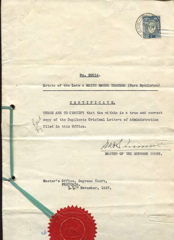 Union of SA - Document - Letters of Administration - 1 x 2 /-  1931 Stamp