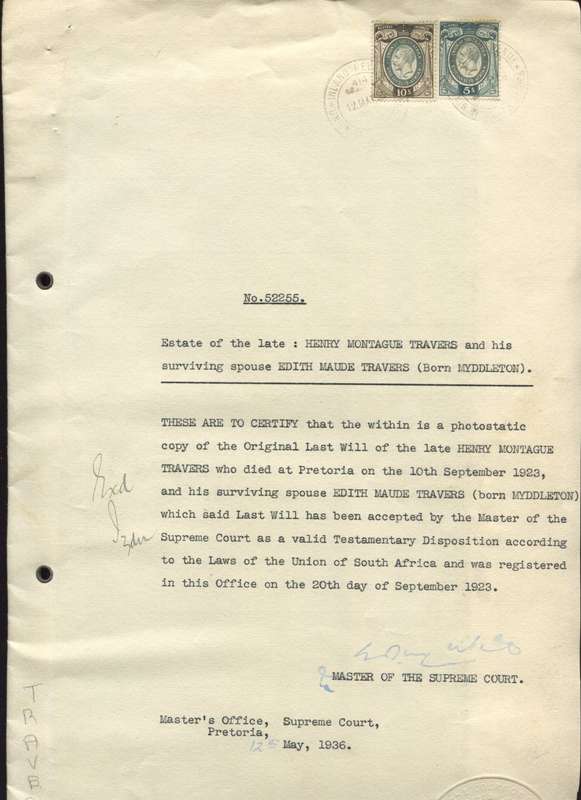 Union of SA - Document - Last Will - 1 x 10 /-  and 1 x 5 /- 1931 Stamps