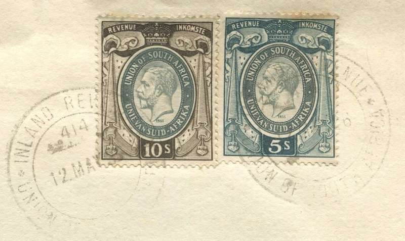 Union of SA - Document - Last Will - 1 x 10 /-  and 1 x 5 /- 1931 Stamps