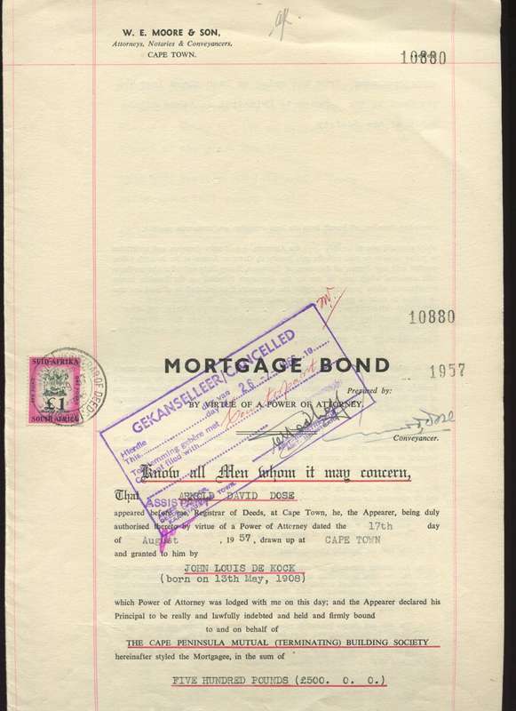 Union of SA - Document - Mortgage Bond - 1 x 1 pound 1954 Stamp