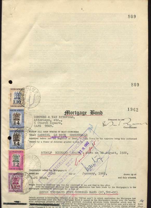 RSA - Document - Mortgage Bond - 1 x R 10 , 2 x R 4 ,1 x R 2 and 1 x R 1.50 1961 Stamps