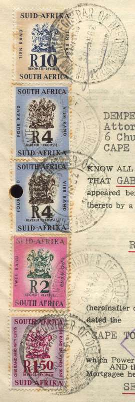 RSA - Document - Mortgage Bond - 1 x R 10 , 2 x R 4 ,1 x R 2 and 1 x R 1.50 1961 Stamps