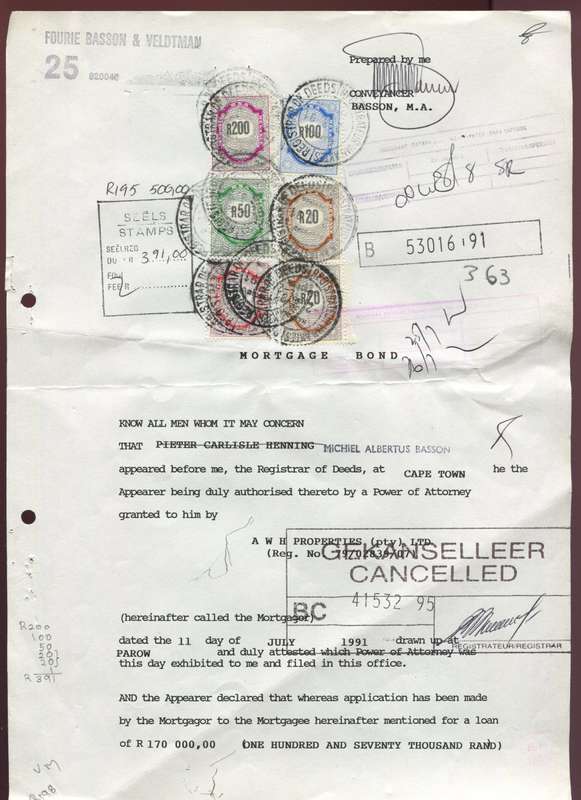 RSA - Revenue - Mortgage Bond - Front Page with 6 stamps