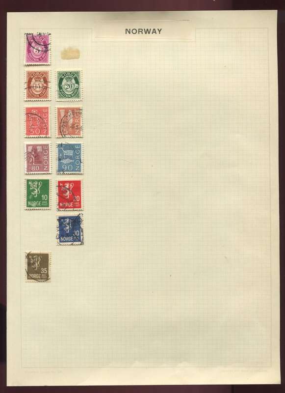 Norway - 11 Stamps Mounted on Old Album Page