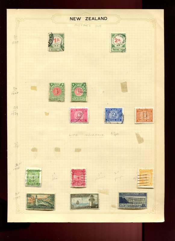 New Zealand - 13 Stamps on Old Album Page