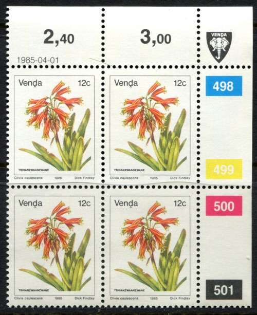 Venda - 1 Control Block of 4 - 1985 - MNH