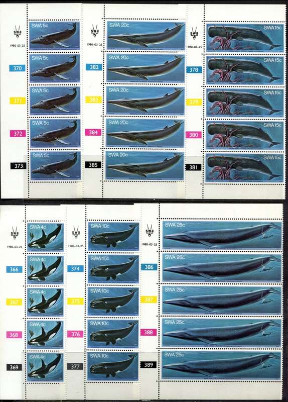 SWA - Whales - Set of 6 Control Strips of 5 - 1980 - MNH