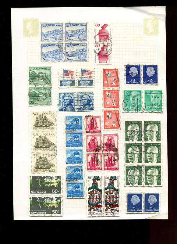 World Mix in Multiples - 44 Stamps  Mounted On Old Album Page