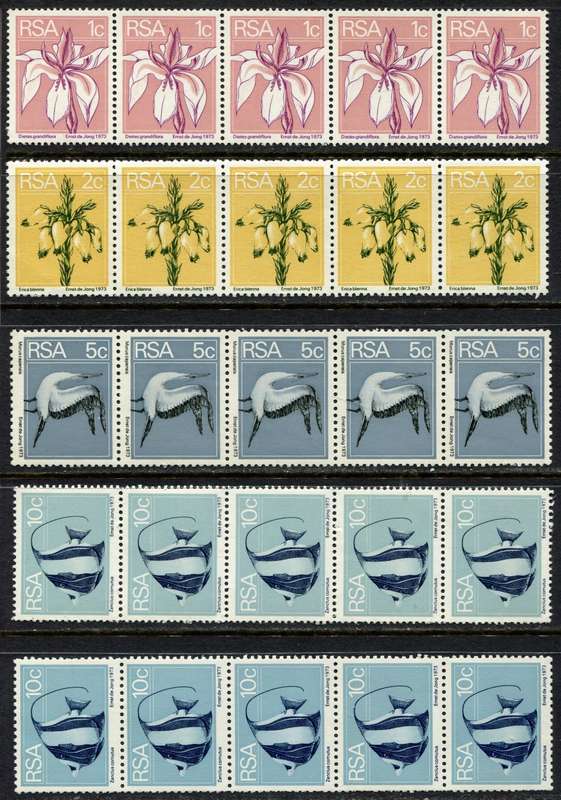 RSA - 5 Coil Strips of 5 - 1974 - MNH - 1c and 10c  Perf. 12.5 + 2, 5, 10c Perf. 14