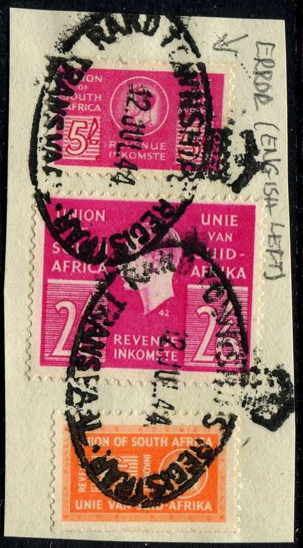 Union of SA - 1938/42 and 1943/46 - Used on Piece - 2/6 and 5/- English on the Left