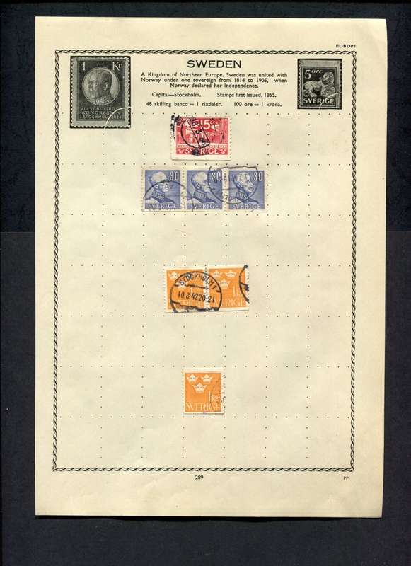 Sweden - 7 Stamps Mounted on Old Album Page