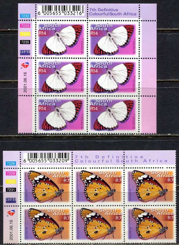 RSA  - 7th Definitive - Butterflies - Add. Values - Set of 6  Control Blocks of 6 - 2001  - MNH