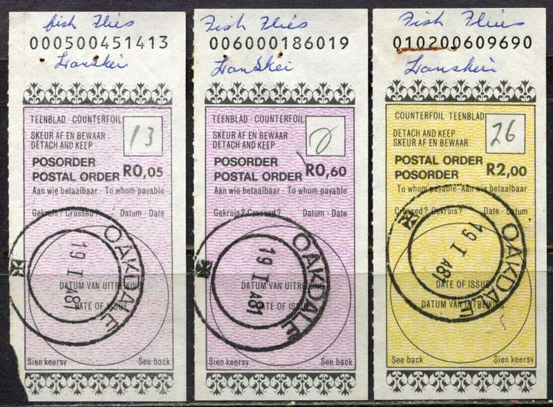 RSA - 3 Postal order Counterfoil Tabs - Used