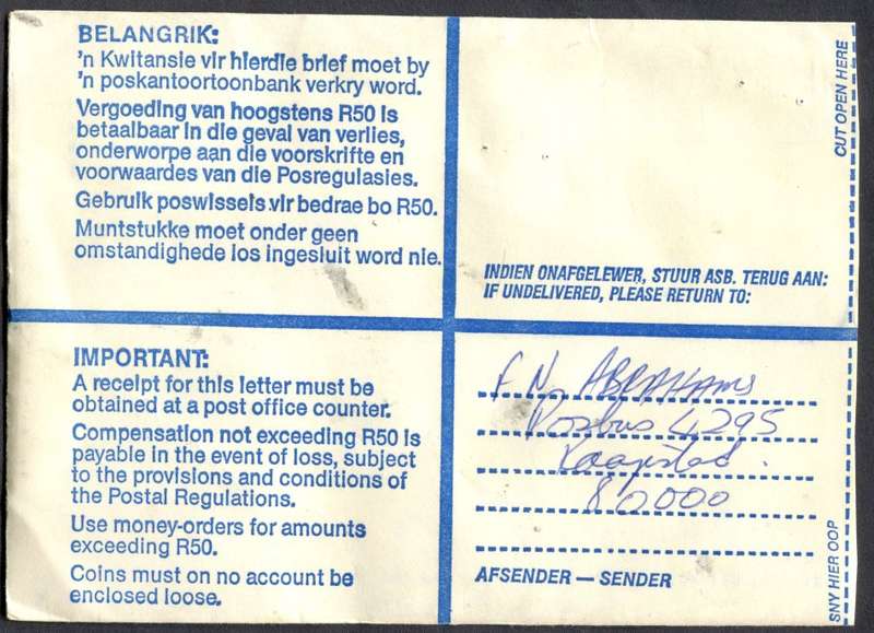 RSA - Cover Registered At Cape Town Post Office