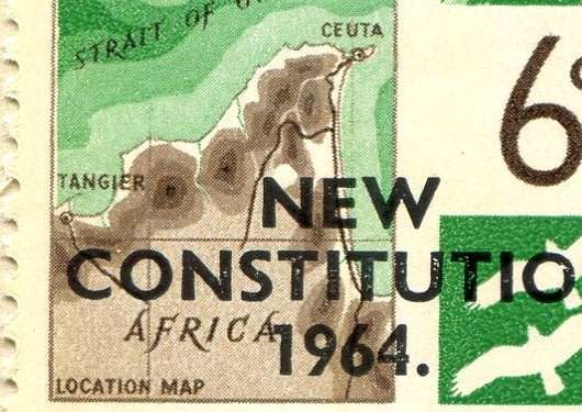 Gibraltar - 11 Stamps Mounted on Old Album Page 1 x 6d ovpt New Constitution with White Spot on Map