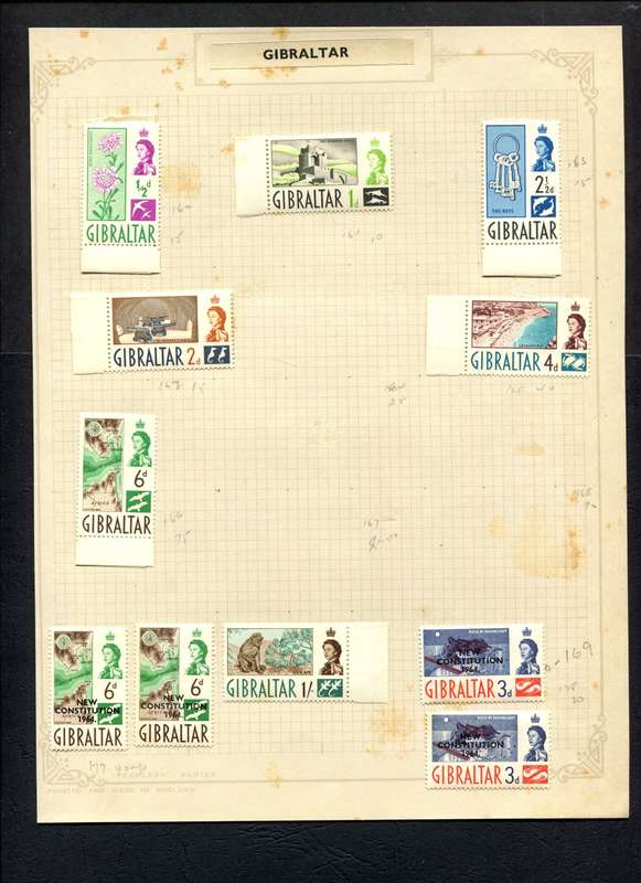 Gibraltar - 11 Stamps Mounted on Old Album Page 1 x 6d ovpt New Constitution with White Spot on Map