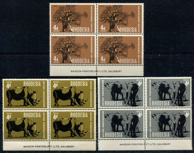 Rhodesia - 3 Imprint Blocks of 4 - 1967 - MNH - Rhino Block Some Light Toning