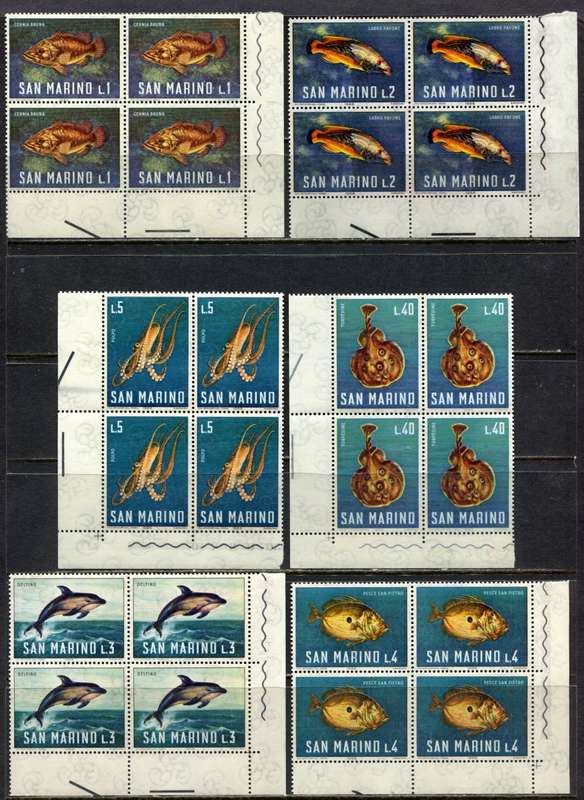 San Marino - Set of 10 Corner Blocks of 4 - Marine Life  - 1966 - MNH