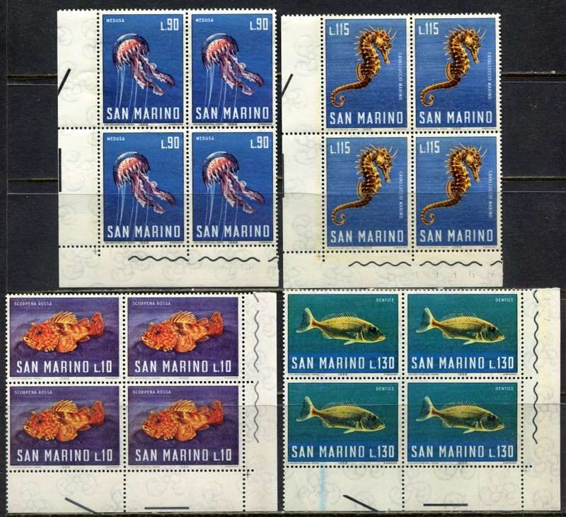 San Marino - Set of 10 Corner Blocks of 4 - Marine Life  - 1966 - MNH