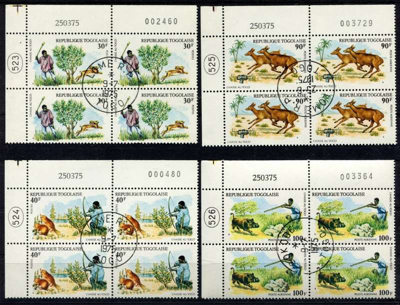Togo - Animals/Hunting - Set of 4 Corner Blocks of 4 - 1975 - Used (CTO)