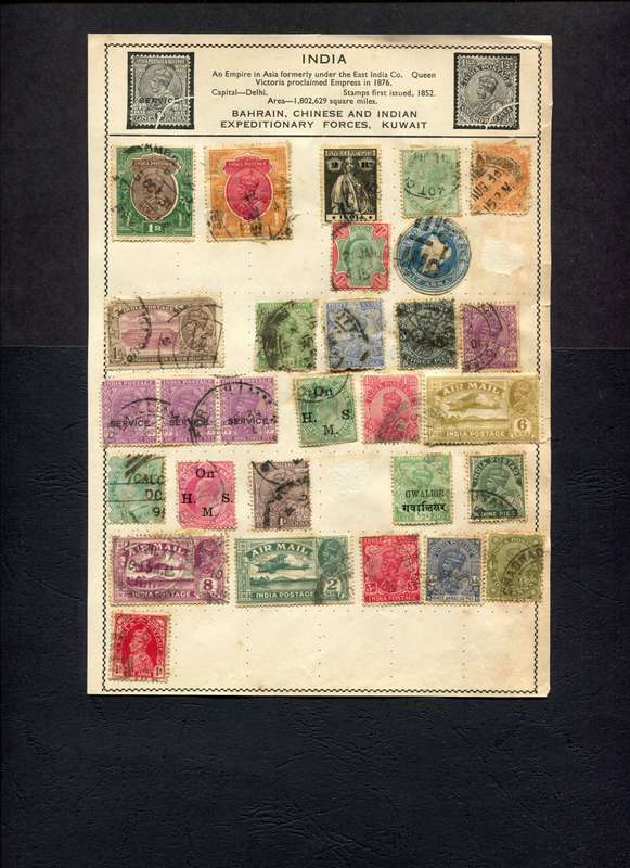 India - 28 Stamps Mounted (Hinged) On Old Album Page