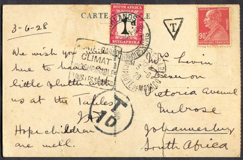 Taxed Post Card From France to South Africa