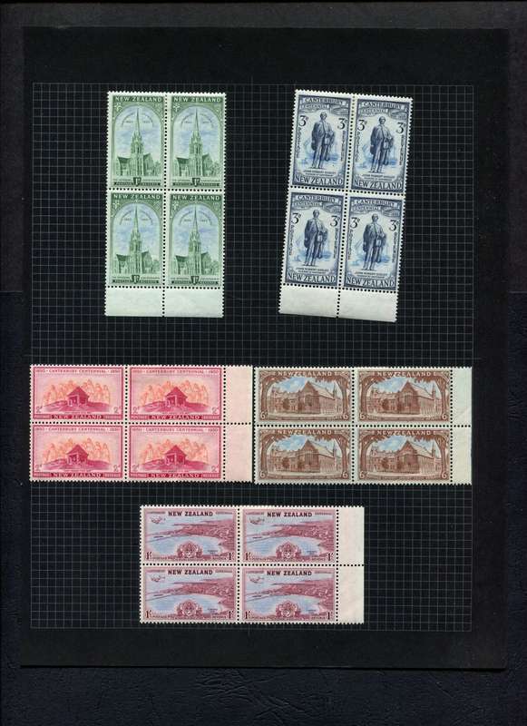 New Zealand - Set of 5 Blocks of 4 Mounted (Hinged) on Old Album Page