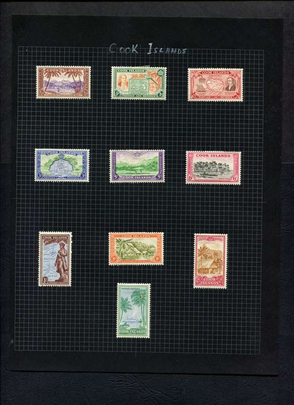 Cook Islands - Set of 10 Stamps Mounted (Hinged) on Old Album Page