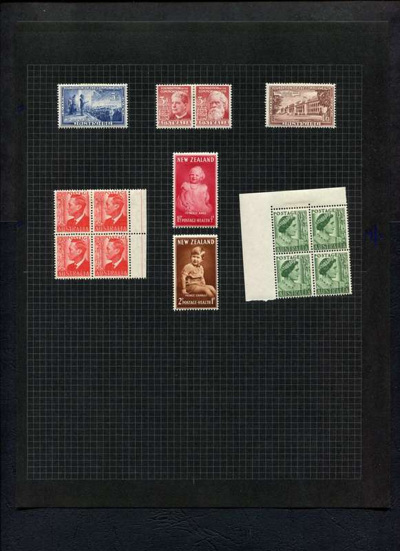 Australia/New Zealand - 4 Stamps + 1 Pair + 2 Blocks of 4 Mounted (Hinged) on Old Album Page
