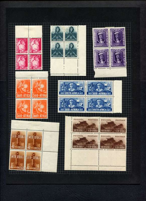 Union of SA - 7 Blocks of 4  Mounted (Hinged) on Old Album Page