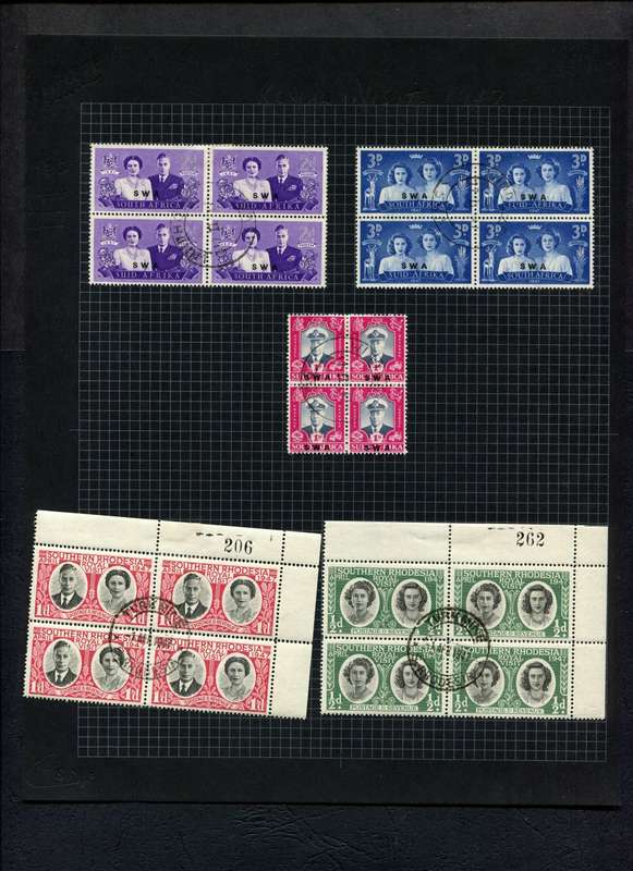 SWA/Southern Rhodesia - 5 Blocks of 4  Mounted (Hinged) on Old Album Page
