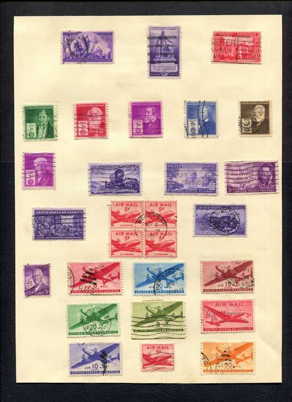 USA - 29 Stamps + 1 Miniature Sheet Mounted (Hinged) On Both Sides Of An Old Album Page