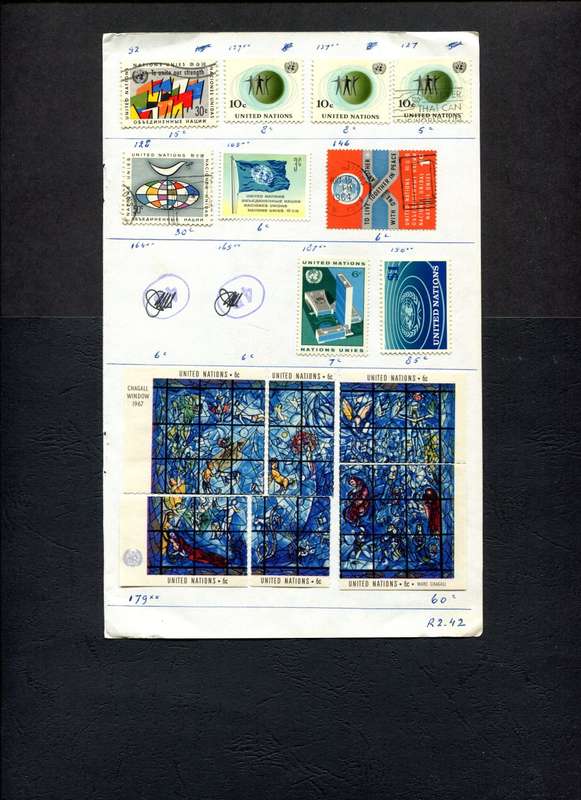 UN - 15 Loose Stamps Mounted (Hinged) On Old Approval Page